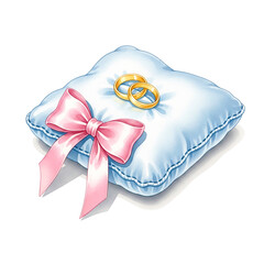 Watercolor illustration, clipart of two gold wedding rings on satin pillow decorated with bow, isolated on white background.  For wedding design.