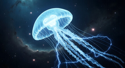 Obraz premium Bioluminescent Jellyfish in Cosmic Nebula