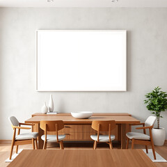 frame mockup empty canvas in a dining room stylish wall art above buffet modern interior design textured plaster walls in soft pastel colors mid century modern aesthetic 3d rendering home decor templa