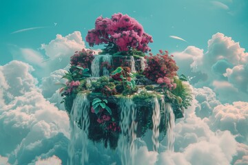 Enchanting floating islands with pastel waterfalls beneath a mystical sky of dreams