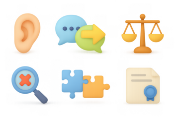 Legal and communication icon set in 3d cartoon style featuring ear, speech bubbles, scale, magnifying glass, puzzle, document