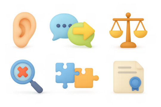 Legal and communication icon set in 3d cartoon style featuring ear, speech bubbles, scale, magnifying glass, puzzle, document
