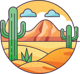 Naklejka premium Circular flat line illustration of a desert landscape with saguaro cactus and mountains under a sunny sky.