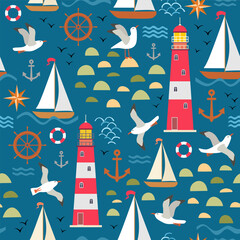 Marine seamless print with cute cartoon seagulls, lifebuoy, symbols of sailing - lighthouse, steering wheel, compass on blue background. Baby fabric pattern.