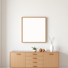 frame mockup in dining room interior design empty canvas mockup above buffet display textured plaster wall art in soft pastel hues mid-century modern style 3d rendering perfect for home decor visual m