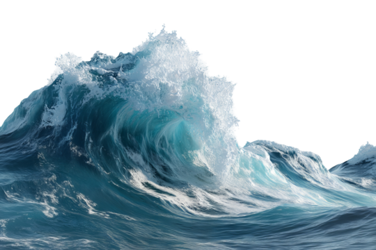 Massive curling tsunami sea wave with summer sunlight highlights — ultra‑detailed high‑resolution PNG cutout on seamless transparent background ideal for extreme weather infographics