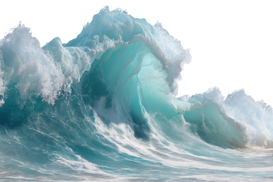 Massive curling tsunami sea wave with summer sunlight highlights — ultra‑detailed high‑resolution PNG cutout on seamless transparent background ideal for extreme weather infographics