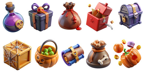 Halloween 3D Icons Set Spooky Treasure Chests Potions Pumpkin Gifts Illustration Isolated on transparent background