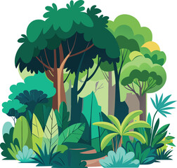 Fototapeta premium Vibrant flat vector illustration of a lush green forest ecosystem with dense trees and exotic foliage