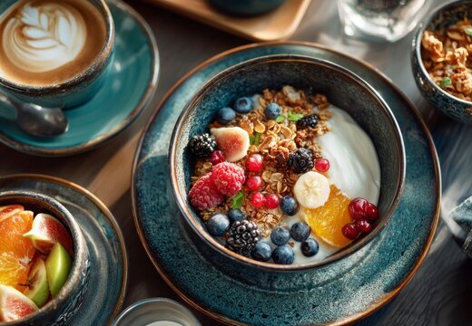 Delicious granola with yogurt and fruits composing a healthy breakfast - Powered by Adobe