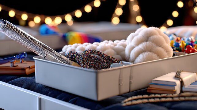 Colorful craft supplies in a tray on a bed, bokeh lights