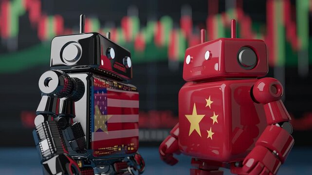 Two stylized robots stand facing each other, one adorned with the American flag and the other with the Chinese flag, set against a fluctuating stock market background.