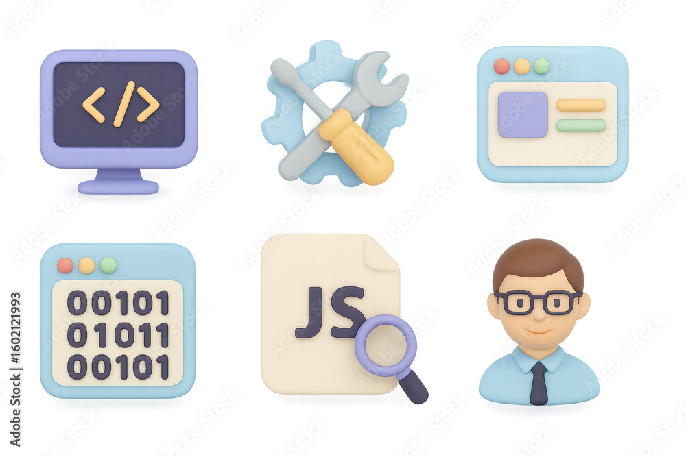 Poster 3d developer tools icons set: code, configuration, programmer