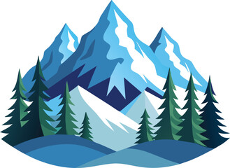 Obraz premium A stylized vector illustration of a majestic blue mountain range with snow-capped peaks and a pine forest