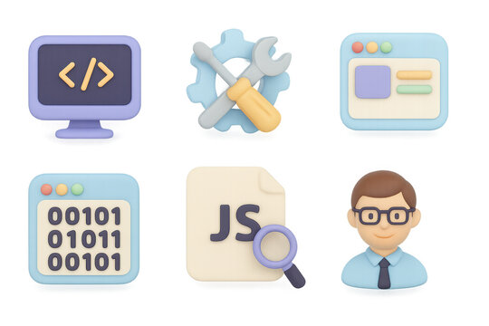3d developer tools icons set: code, configuration, programmer