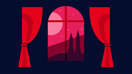 palace window view red curtains moonlit garden night