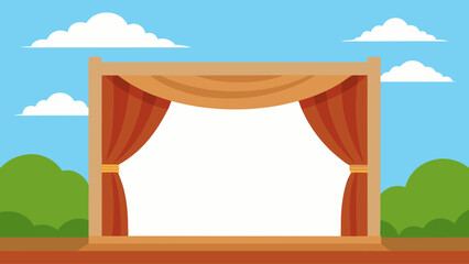 Wooden stage under open sky with fluttering white curtains