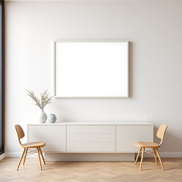 frame mockup for dining room pastel tones wall art textured plaster mid-century modern interior design a2 landscape style artistic display 3d render mockup template showcase home decor elements