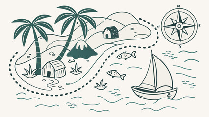 Obraz premium Whimsical hand drawn map of a tropical island adventure with sailboat and compass