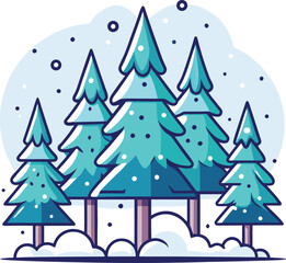 Obraz premium Stylized vector illustration of a serene winter landscape, showcasing a snowy evergreen forest with falling snow.