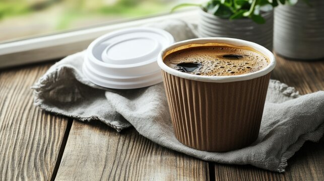 Coffee cup on rustic wooden table by window
