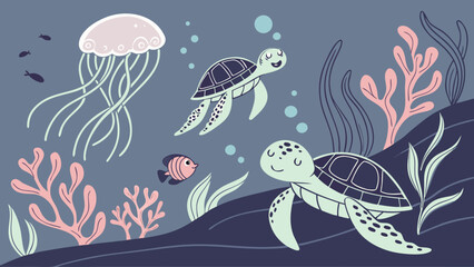 Cute cartoon sea turtles swimming with jellyfish and fish underwater