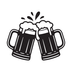Two beer mugs toasting black and white vector