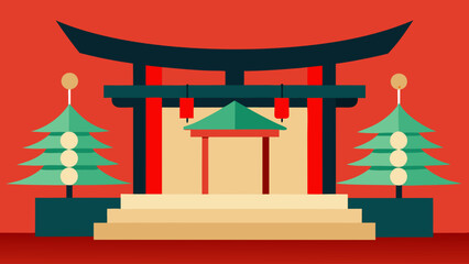 Stylized Japanese noh stage with painted pine trees