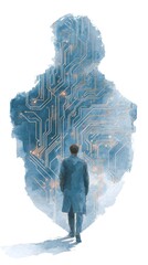 A man stands in front of a blue and white computer screen with a lot of wires