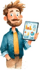 A man with a beard holding a tablet