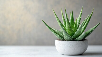 Green Aloe Vera Plant in Modern White Pot on Neutral Background