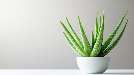 Green Aloe Vera Plant in Minimalistic White Pot on Neutral Background