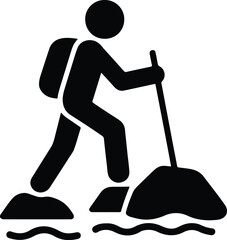 Silhouette hiker crossing stream with hiking pole Vector Illustrator