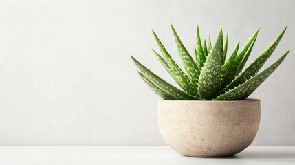 Fresh Aloe Vera Plant in Natural Pot on White Table Background