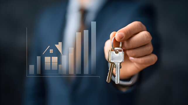 Photorealistic realtor holding keys to new home financia