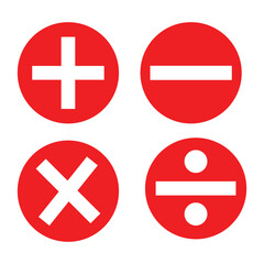 Basic mathematical symbol. Plus, minus, multiply, divide icon set. Plus and minus icon set. Math symbol. Plus icon, Minus icon, Multiply icon, Divide icon