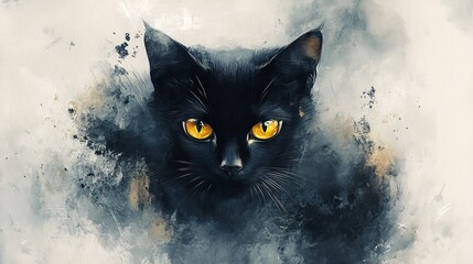 Close-up portrait of a black cat with striking yellow eyes.