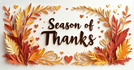 Autumn foliage surrounds text reading Season of Thanks. Warm colors dominate design, featuring leaves, hearts, papercraft style. Festive, inviting.