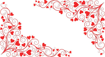 Valentine heart corner design vector, red hearts flourish border, love decoration, romantic frame vector