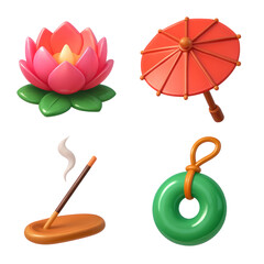 Four 3D Plastic Icons Featuring A Pink Lotus Blossom A Red Umbrella Incense And A Green Ornament Against A Transparent Background