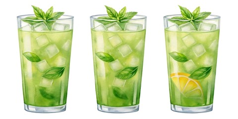 Refreshing green mint and lime cocktails with ice and garnish
