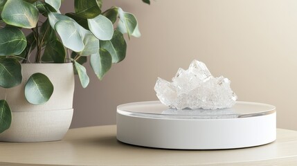 White crystal cluster on a rotating display stand.