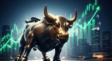Powerful bronze bull statue dominates a cityscape with upward trending financial market charts symbolizing economic growth and prosperity