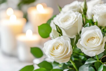 Obraz premium Close-up of a bouquet of white roses with soft-focus candles in the background.