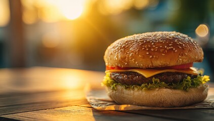 Sunset burger on wooden table