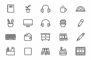Fototapeta premium A charming set of daily desk items and surroundings turned into clean, continuous-line illustrations. Perfect for office wall prints, stationery, and workspace organization. 
