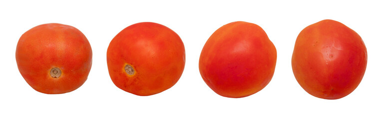 Obraz premium Whole tomato with multiple sliced pieces isolated on white background