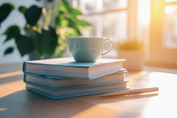 Light streams onto a stack of books and a cup of coffee.