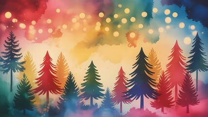 Colorful Watercolor Christmas Tree Forest with Bokeh Lights Background Illustration