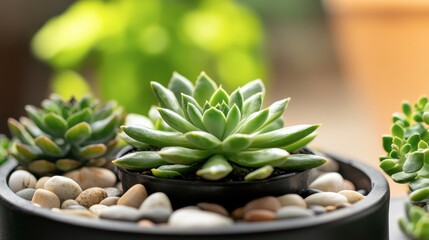 Lush Green Succulents in Modern Indoor Planter with Smooth Pebbles